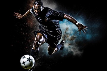 Fototapeta na wymiar Confident Black Man Kicking Soccer Ball in the Air | Computer Graphics with Style, Generative AI