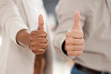 Business people, hands and thumbs up for success, winning or good job in team approval at office. Hand of employees with thumb emoji, yes sign or like in teamwork, agreement or thank you at workplace