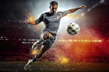 Fototapeta na wymiar Dynamic Soccer Player with Ball on Field | Close Focus Digital Rendering with Flowing Energy , Generative AI