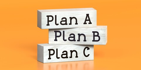 Plan A, B, C - words on wooden blocks - 3D illustration