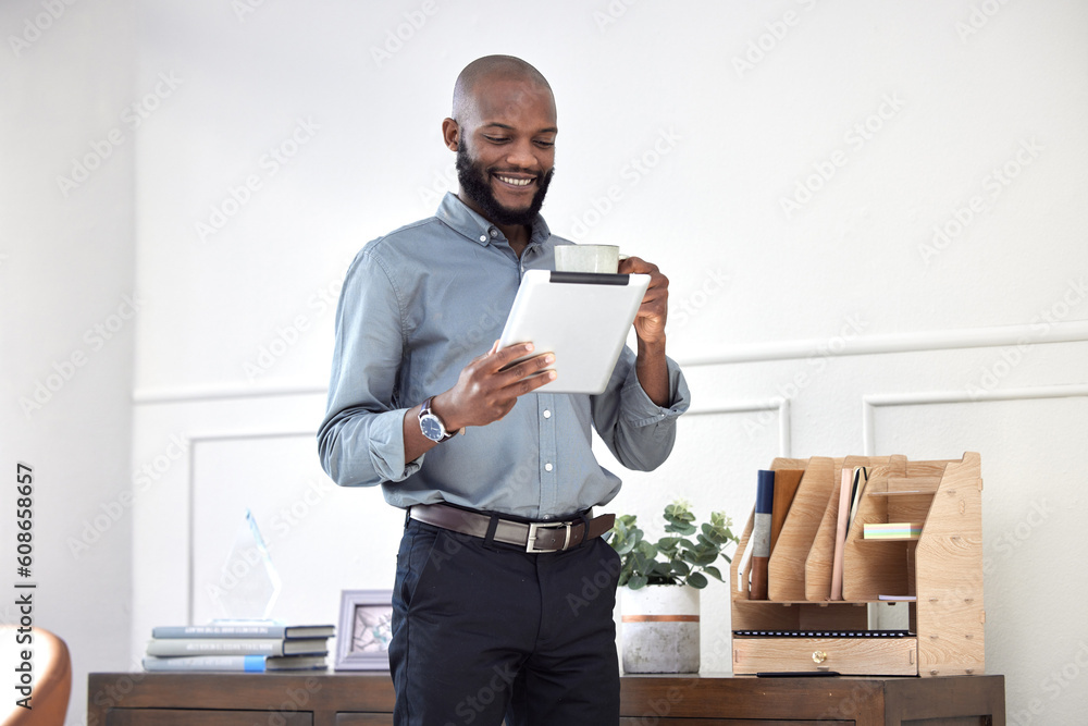 Aufkleber tablet, office and happy business black man online for social media, internet and browse website. ne