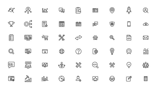 Search Engine Optimization and web development. Thin line web icon collection