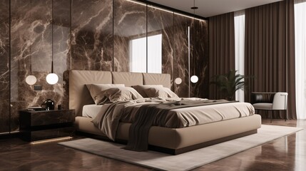 Modern luxury bedroom interior design with brown marble walls, wooden floor, comfortable king size bed with brown linens and carpet. Emperador tiles. Created with generative AI