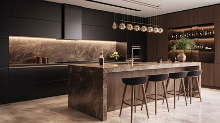 Luxury kitchen and dining room with black marble countertop, Emperador tiles. Modern interior. Created with generative AI