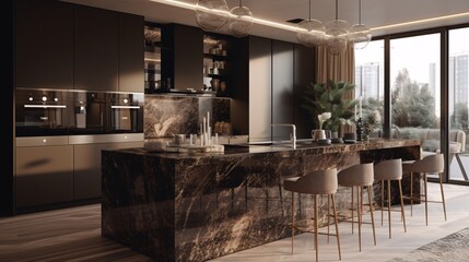 Luxury kitchen and dining room with black marble walls, wooden floor, gray countertops and bar with stools. Created with generative AI