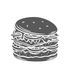 Burger glyph icon vector illustration. Stamp of hot hamburger with spicy BBQ beef meat and cheese, sesame bun and lettuce salad, hot cheeseburger and tasty burger sandwich, symbol of American food