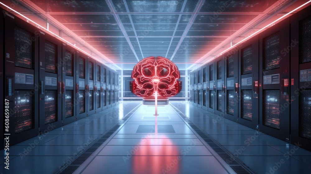 Poster brain in center of data center , generative ai