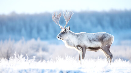 Obraz premium A reindeer glides over the snow, its silhouette striking against the crisp winter sky, the very essence of wild grace on a snowy canvas. Generative AI