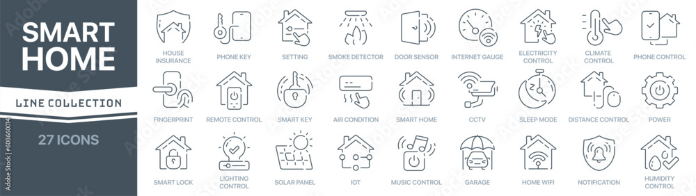 Poster smart home linear signed icon collection. signed thin line icons collection. set of smart home simpl