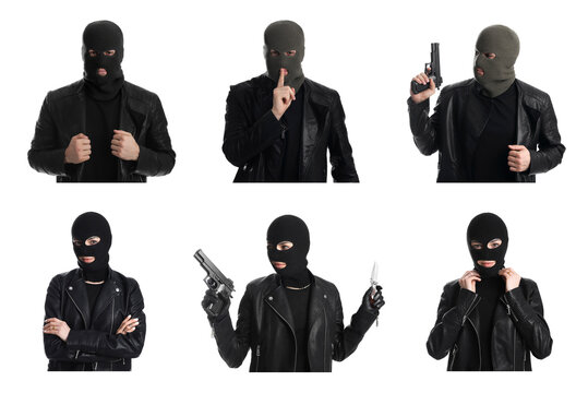 Collage with photos of people in balaclavas on white background