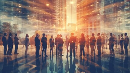 Double exposure image of many business people and modern smart city , Generative AI