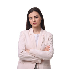 Beautiful young businesswoman crossing arms on white background