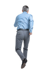 Naklejka premium Mature businessman in stylish clothes posing on white background, back view