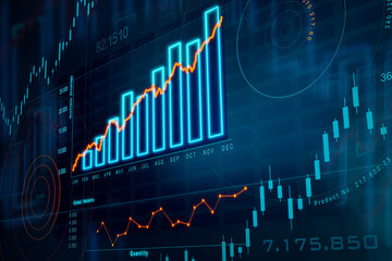 Bar graph moving up. Positive bar chart in blue, rising line in orange. Business, financial figures, analyzing, growth, market research, stock market and exchange. Abstract financial concept. - obrazy, fototapety, plakaty