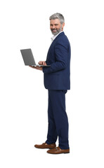 Naklejka na ściany i meble Mature businessman in stylish clothes with laptop on white background