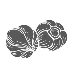 Garlic heads glyph icon vector illustration. Stamp of two whole bulbs with peel in pile, fresh ripe vegetables for cooking in kitchen and harvest of farm garden, raw natural product of market
