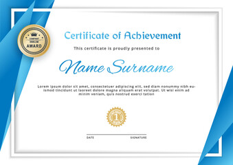 Obraz premium Certificate white line border. Blue gradient triangles on white background. Certificate blank, Vector illustration