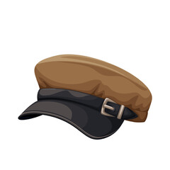 Newsboy cap vector illustration. Cartoon isolated fabric retro peaked hat with leather visor, stylish belt and buckle, vintage textile fashion flat cap, headgear for cold winter and autumn weather