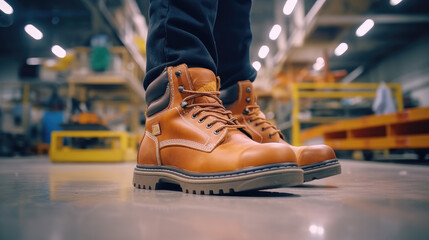 Generative AI Workers use brown boots, these safety shoes are made of leather, these shoes are used to protect feet from injury while working