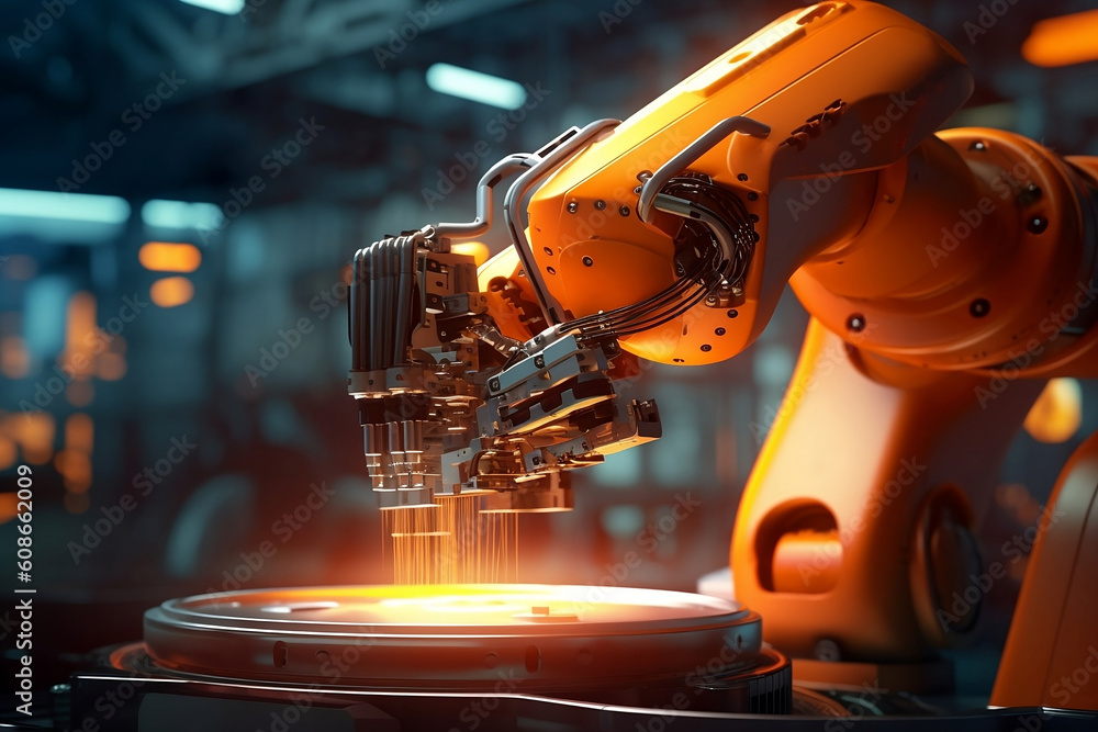 Fototapete Robotic arm for electronic assembly line. Smart modern factory automation using advanced machines. Generative AI