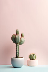 Two close up cactus in pot on pastel tone background. Created with Generative AI technology and Photoshop.