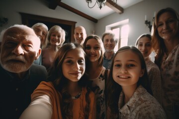 Obraz premium Portrait of happy caucasian family embracing at home, created using generative ai technology