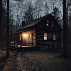 Fototapeta na wymiar Wooden cabin in forest with sun rays, created using generative ai technology