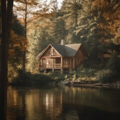 Wooden cabin in forest with sun rays, created using generative ai technology