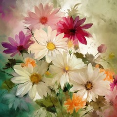 Close up of multi coloured flowers background, created using generative ai technology