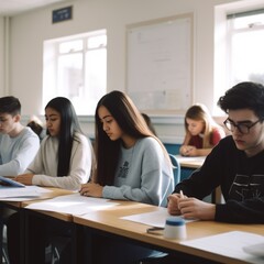 Obraz premium Portrait of caucasian male student in classroom, created using generative ai technology