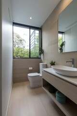 Fototapeta na wymiar Modern bathroom with window and light tiling, created using generative ai technology