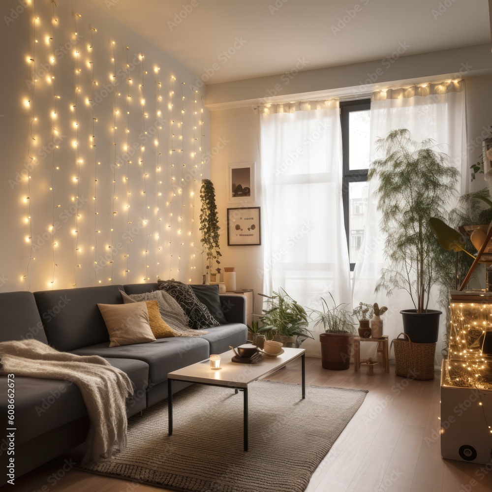 Wall mural living room decorated with strings of fairy lights, created using generative ai technology