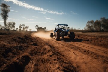 Naklejka premium Quad riding on dirt track, created using generative ai technology
