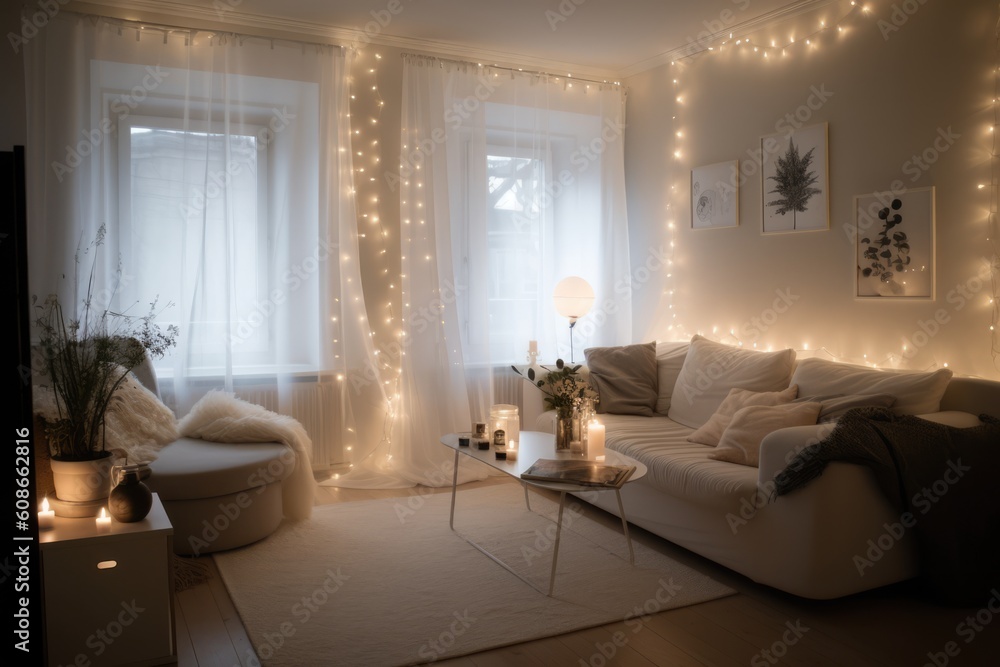 Wall mural bedroom decorated with strings of fairy lights, created using generative ai technology