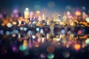 Cityscape at night with glowing bokeh lights, created using generative ai technology