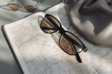 Travel bag, glasses and notebook on map, created using generative ai technology