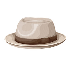 Homburg hat vector illustration. Cartoon isolated beige hat with brim and brown ribbon, retro fashion hipsters cap for head of trendy men and women, vintage fabric summer accessory of gentelman