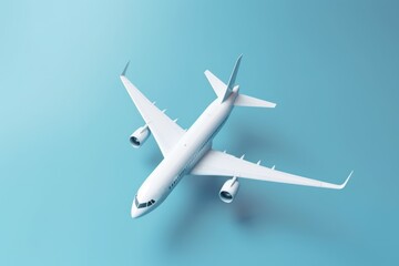 Naklejka na ściany i meble White passenger jet plane on blue background with copy space, created using generative ai technology