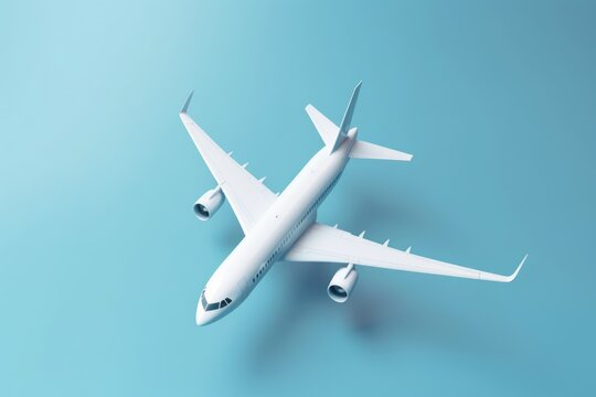White passenger jet plane on blue background with copy space, created using generative ai technology