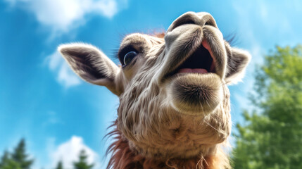 A content lama lounges by a verdant forest, woolly coat gleaming under the soft, blue glow of the summer sky. Serenity personified. Generative AI