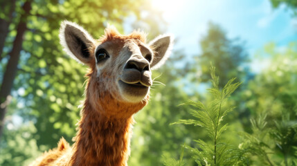 A content lama lounges by a verdant forest, woolly coat gleaming under the soft, blue glow of the summer sky. Serenity personified. Generative AI