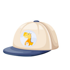 Baseball cap for kid vector illustration. Cartoon isolated white summer beach hat for baby boy, cap with blue denim visor and cute yellow dinosaur sign decoration on front, fashion children headwear