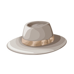 Fedora hat vector illustration. Cartoon isolated beige hat with soft brim, brown ribbon and top notch, retro elegant hipsters cap for head of man and woman, classic fashion headgear and accessory - obrazy, fototapety, plakaty