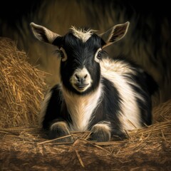 Close up of cute pygmy goat in barn, created using generative ai technology