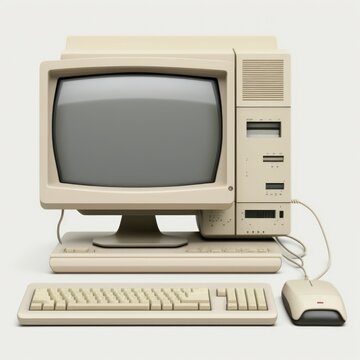Old computer station with keyboard on white background, created using generative ai technology