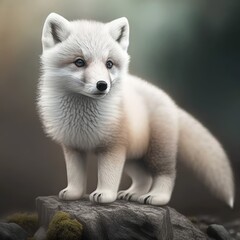 Close up of cute white fox on rock, created using generative ai technology