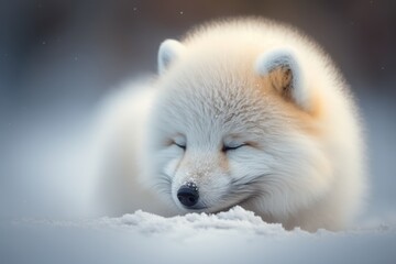 Obraz premium Close up of cute white fox sleeping in snow, created using generative ai technology