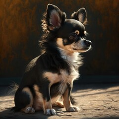 Close up of cute black chihuahua dog in field, created using generative ai technology