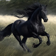 Close up of wild black horse running in field, created using generative ai technology