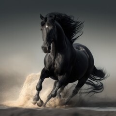 Naklejka na ściany i meble Close up of wild black horse running in sand, created using generative ai technology